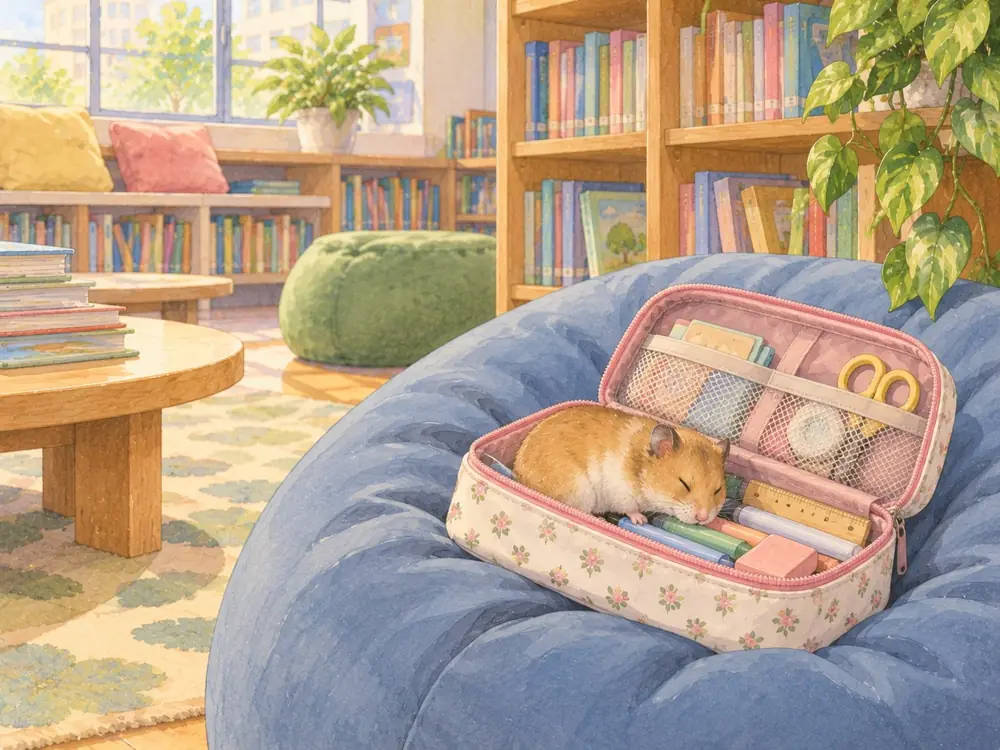 Illustration: a class hamster asleep in a pencil case in a cosy library