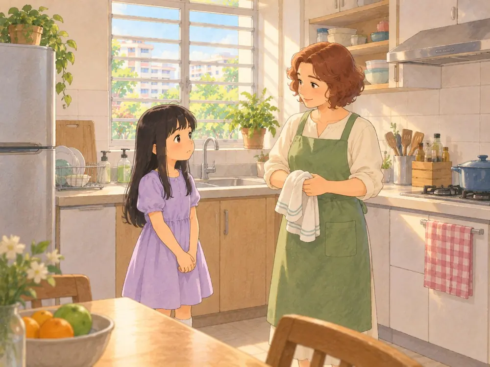 Illustration: a girl talking with her mother in a sunny kitchen