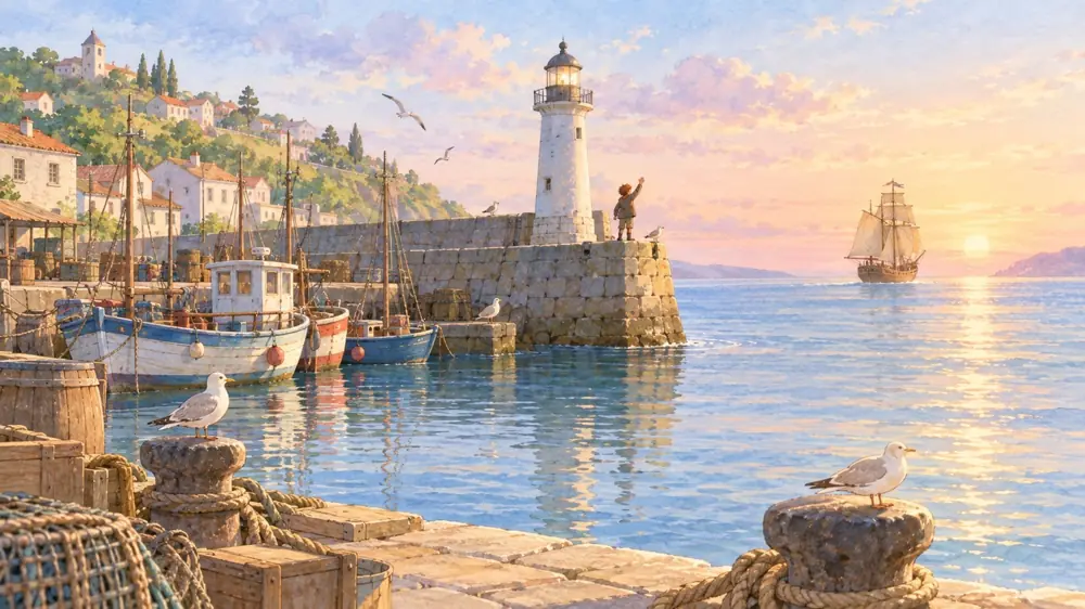 Illustration: a harbour with a lighthouse and a ship at sunrise