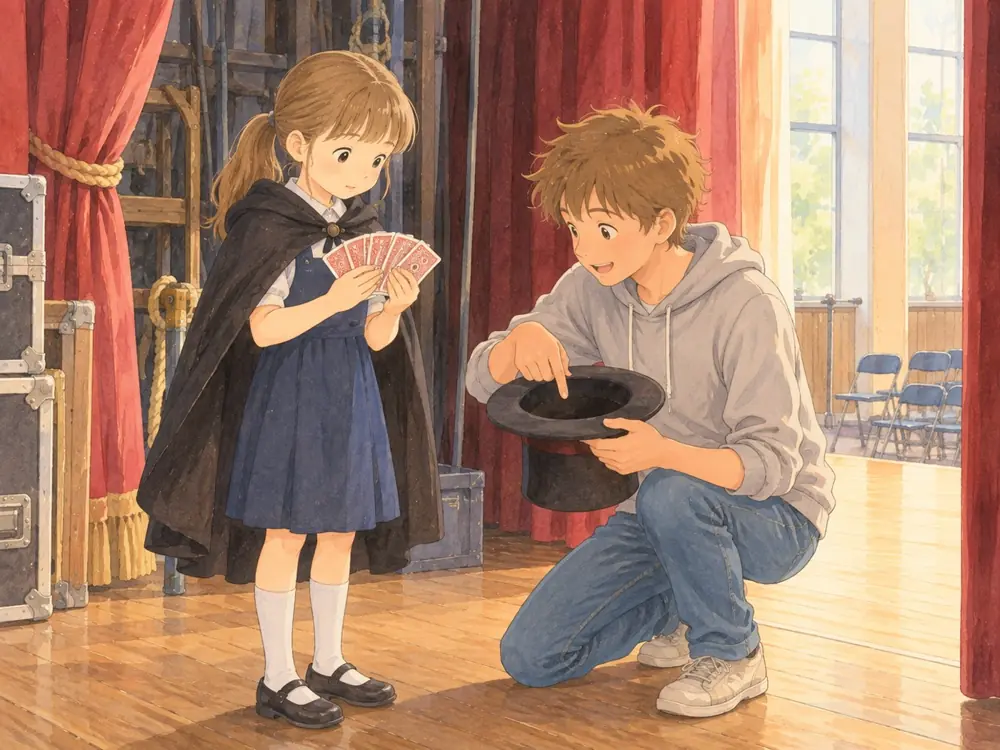 Illustration: two children practising a magic trick backstage
