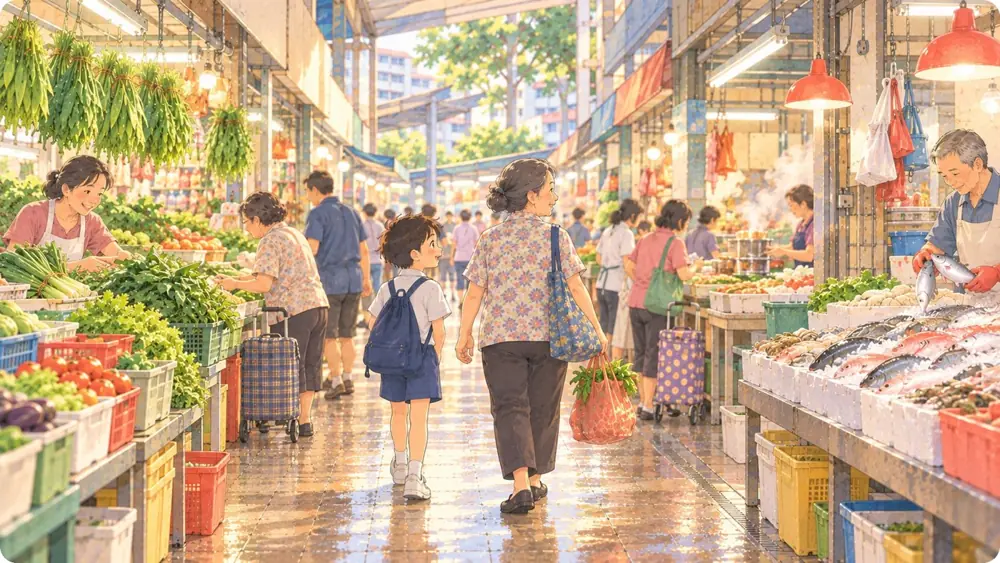 Illustration: a girl walking through a busy wet market