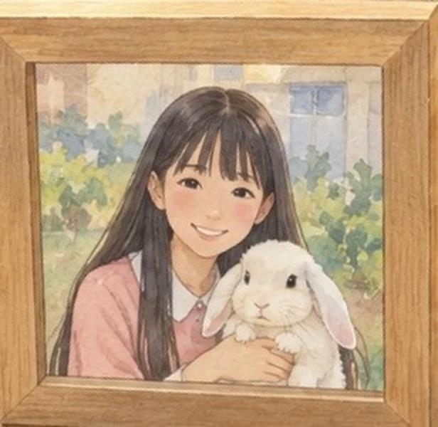 Illustrated portrait of Miss Melissa holding Snowy