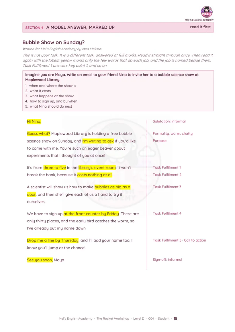 A marked-up model answer for situational writing