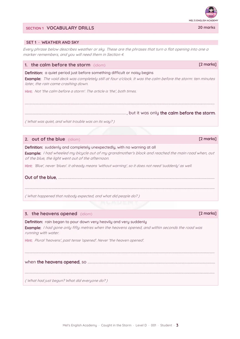A vocabulary drills page from a Primary worksheet