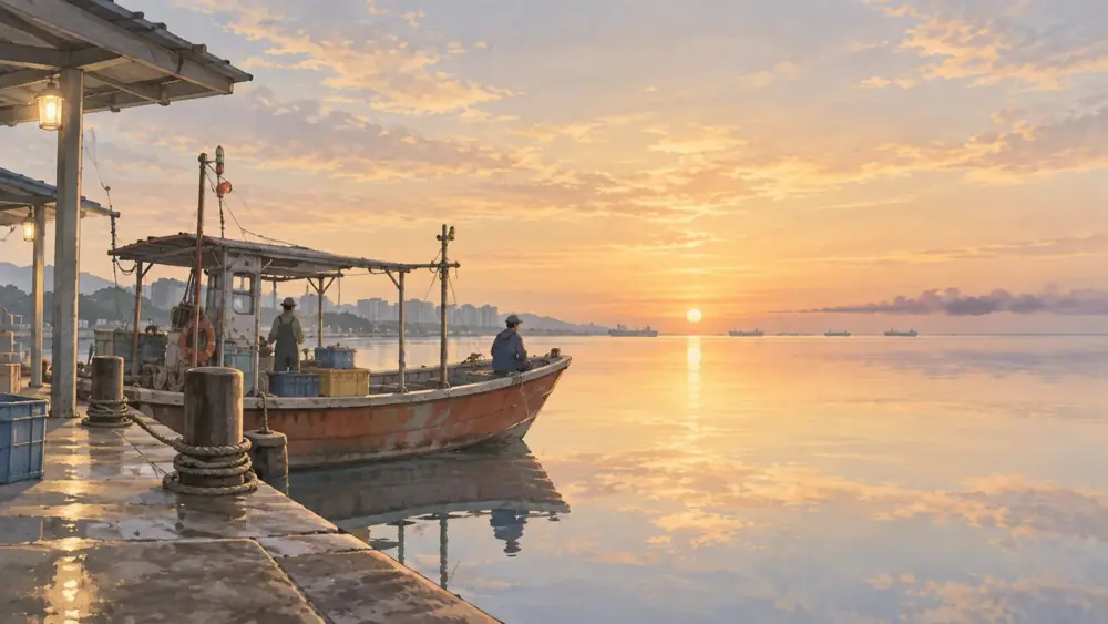 Illustration: a quiet pier at sunrise