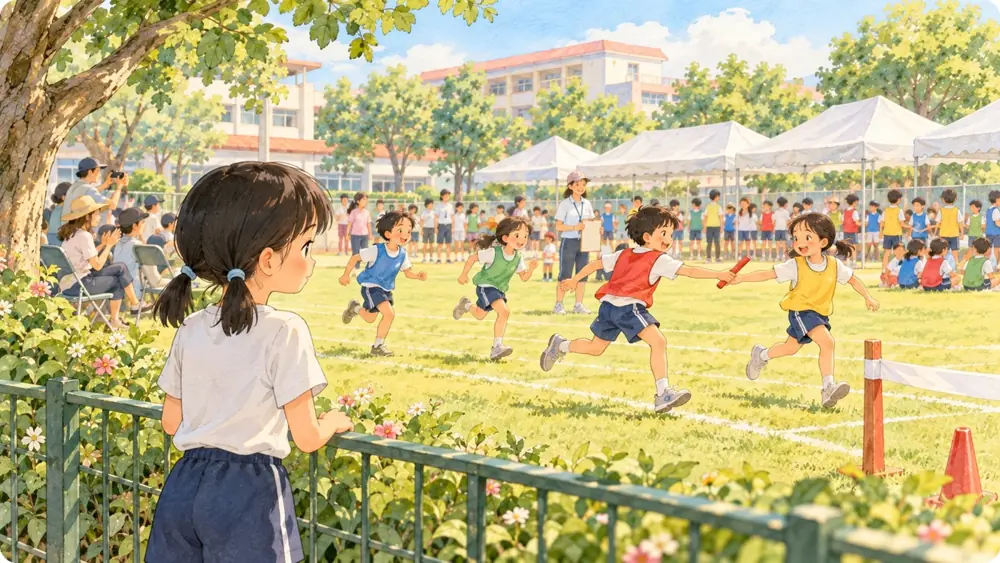 Illustration: a girl watching a relay race on the school field