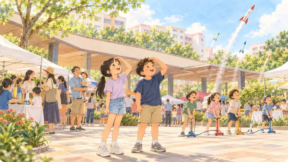 Illustration: children watching water rockets launch at a school workshop