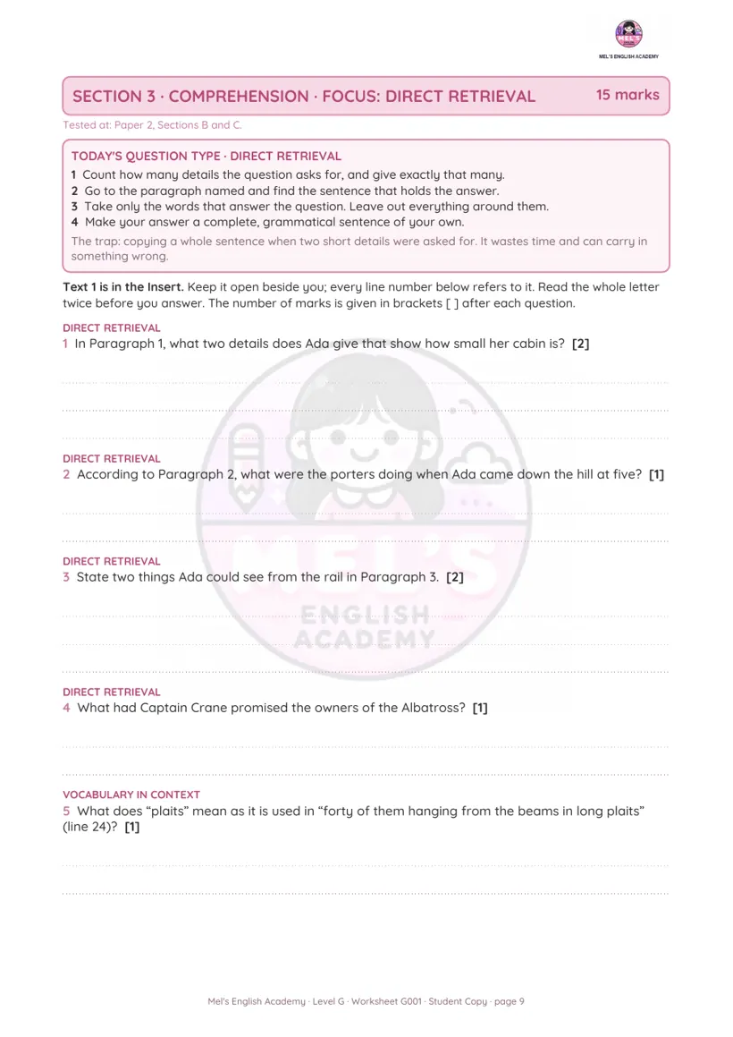 A comprehension page focused on direct retrieval