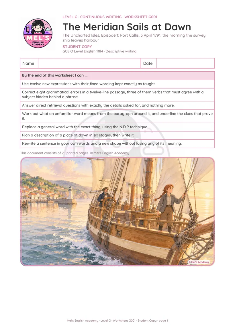 Cover page of worksheet G001, The Meridian Sails at Dawn