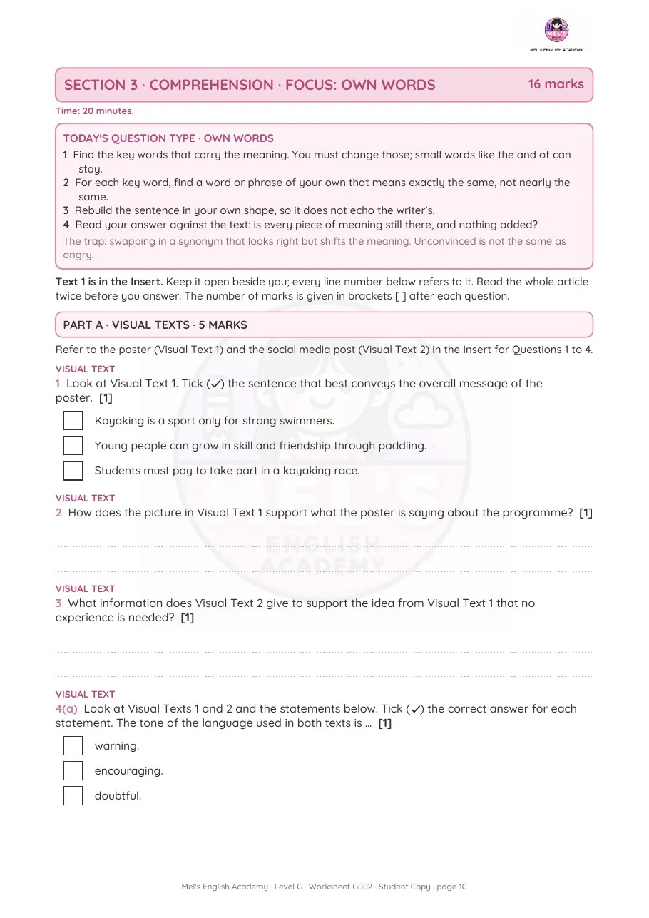 A comprehension page focused on one question type