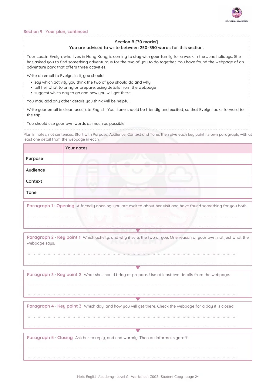 A planning page for purpose, audience and tone