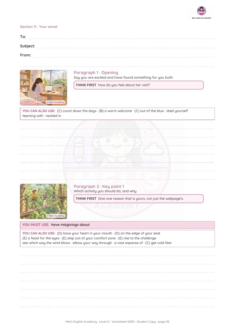 A writing page with a prompt for each paragraph
