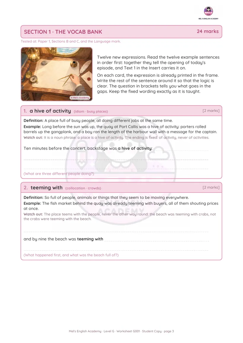 The Vocab Bank page from worksheet G001