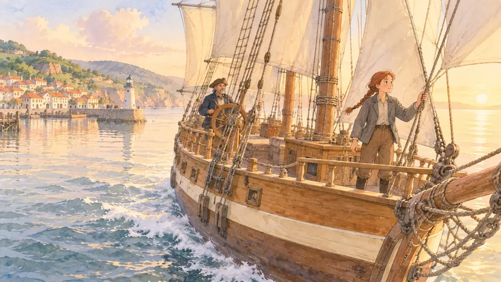 Illustration: a tall ship leaving harbour at dawn