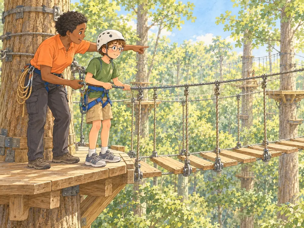 Illustration: an instructor guiding a boy across a treetop rope bridge
